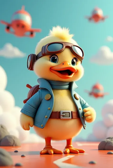 Create Cute 3D Smiling Duck with Aeronautics Suit, with aviation background 