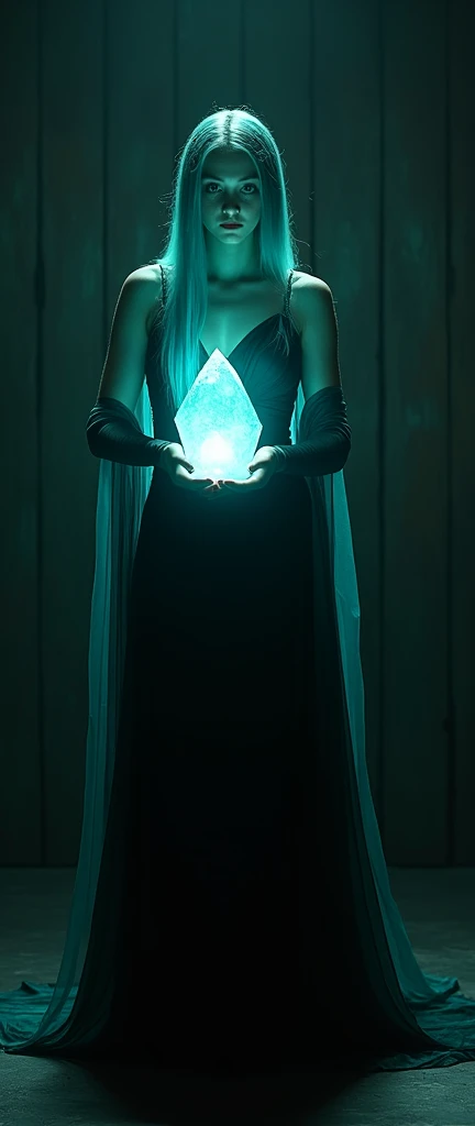 In a dark room, a white woman with long, straight turquoise hair wearing an elegant long black dress with a turquoise sash that comes from her left shoulder and goes down the other right side is holding with both hands a transparent turquoise crystal that ...