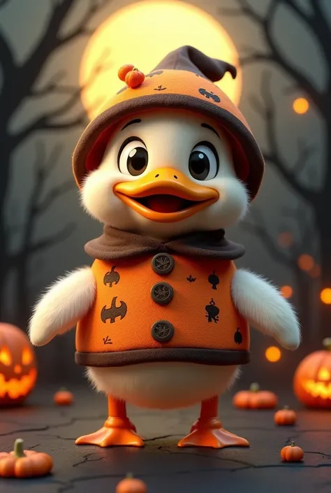 Create Cute 3D Smiling Duck with Pumpkin Outfit, com fundo de halloween 