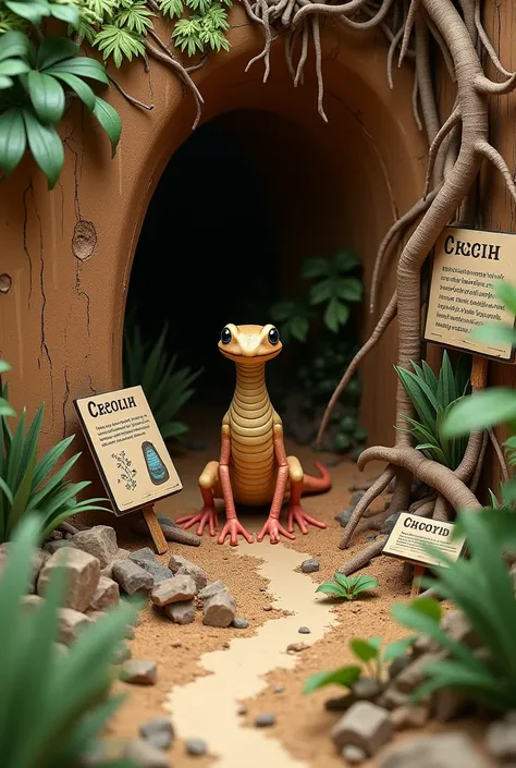 Diorama illustration of the Cecilia (amphibian) 2D cardboard, with signs naming their habitat, feeding, classification, etc.