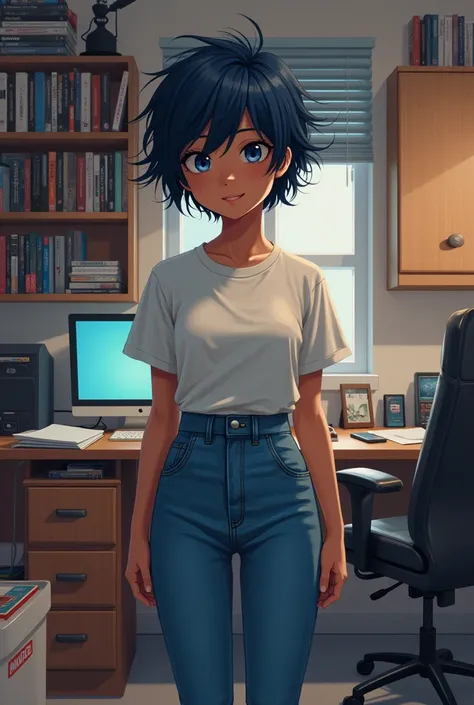 best quality, 1 girl, ((looking at the viewer)), dark blue hair, black eyes, very short hair, spiky hair, ahoge, t-shirt, high-waisted jeans, 171cm, messy hair, hair between the eyes, medium breasts, big breasts, gordo, dark skin, tomboy, adult, 20 years o...