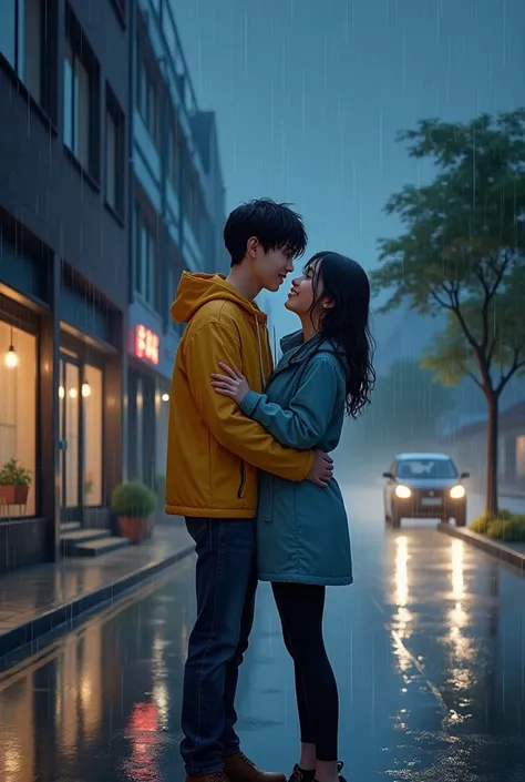 Couple in love under the rain, It is a two-lane secondary street. Its raining, They are at the door of a 5-story black and white building, They are on the sidewalk, They are looking at each other in love, The boy is 1.77 and the girl 1.60. They both look a...