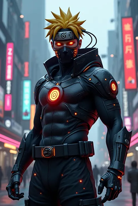 Naruto Uzumaki in a cyberpunk version would be a dark vigilante, with high-tech armor, full of neon lights and cyber gadgets