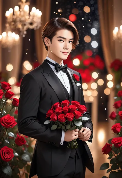 The image depicts a person with neatly styled brown hair, dressed in a formal black tuxedo with a black bow tie. The person is holding a single red rose. The background features an elegant setting with blurred red roses and sparkling lights, adding a touch...