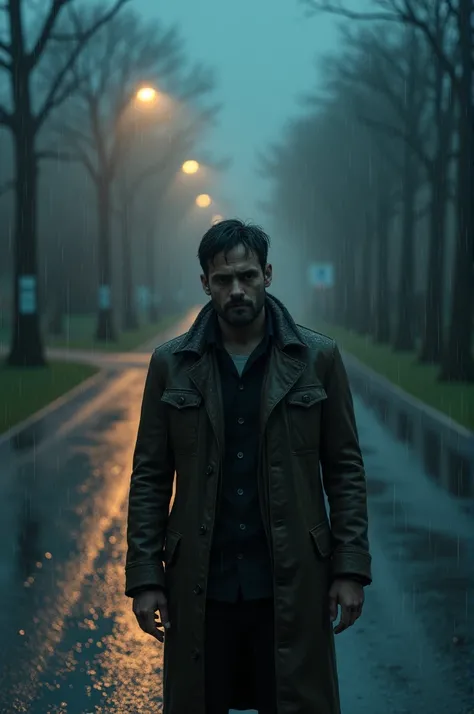 A man standing in the middle of the road, night time raining 