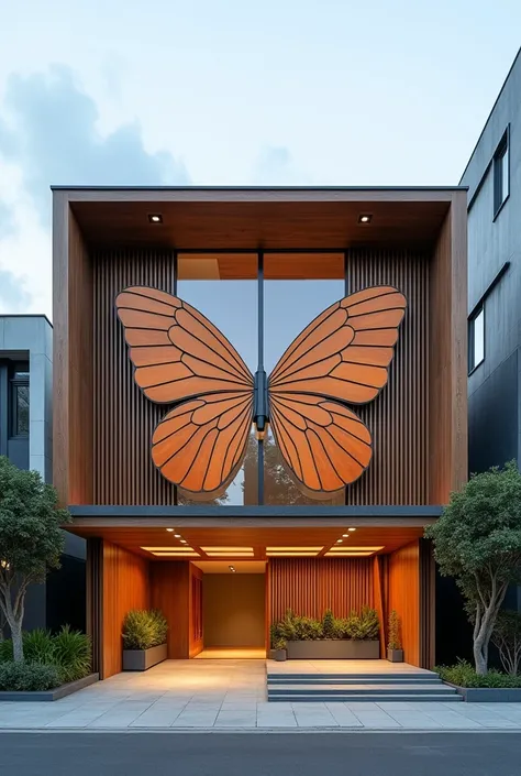 recrangular wall facade that is inspired by butterfly, modern with wood elements