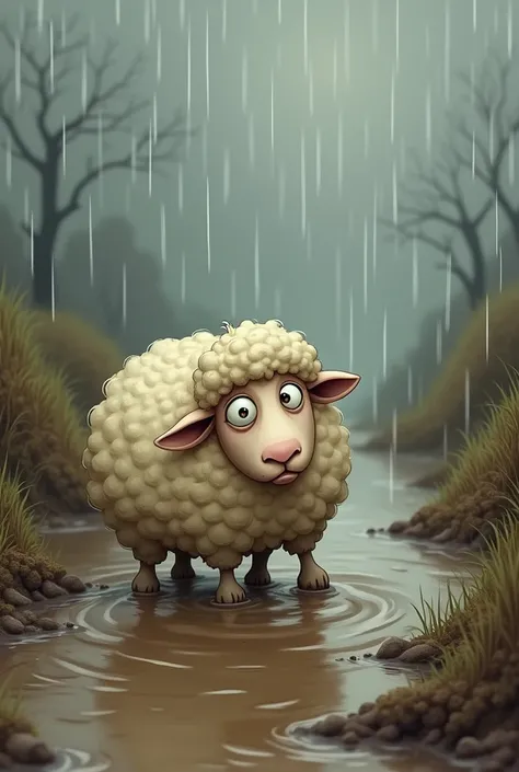 A sad little sheep in the mud cartoon 