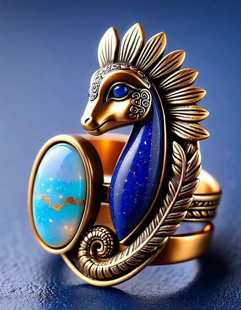 Kokopelli, the god of rain playing the flute, a minimalist ring design，The body is an oval opal stone，Indian totem rain god Kokopelli，Indian elements，The matching stones are small amounts of lapis lazuli and turquoise，Coffee color，orange，Clams，Feather，gem，...