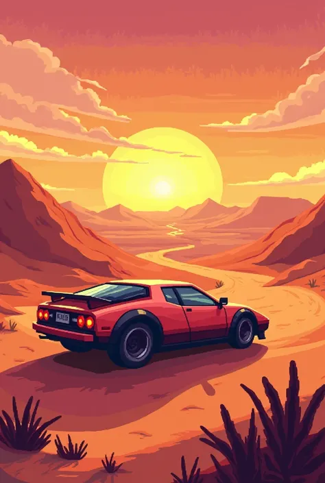 in pixel style , A car in the desert with the sunset in the background 