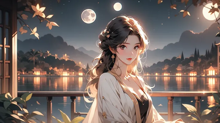 Highest quality,Big moon and shadow,A silhouette of a person can be seen against the backdrop of a large moon.,There is one full moon,There is a mood,Beautiful scenery,Starry Sky, 1 woman alone, cleavage, looking at camera