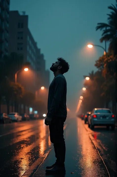 A man standing in the middle of the road, staring in the sky, night time, heavy raining, some street lights,  cinematic 