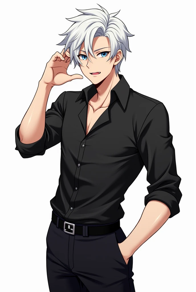 Give me a handsome young man with white hair., I have a black shirt., Black pants cute pose anime 
