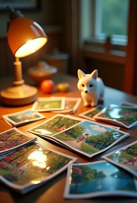 The Table on Which the Lamp Stands and Shines in the Photograph,Miniature Photos, Lying on the Table Very Many Different Photos Cardboard, Shown in Photo, White Fox and Girl Walking in a Beautiful Park, All photos are glossy, very colorful and clearly visi...