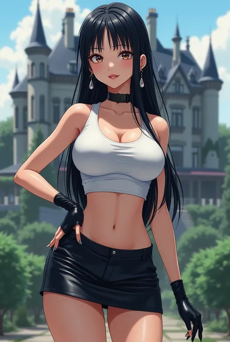 1 girl, young adult, long black hair, brown eyes, slender athletic build, ((very large round breasts)), very tight white sleeveless top, bare midriff, tight black leather miniskirt, fingerless gloves, bare legs, brown shoes, tear-shaped earrings, one hand ...