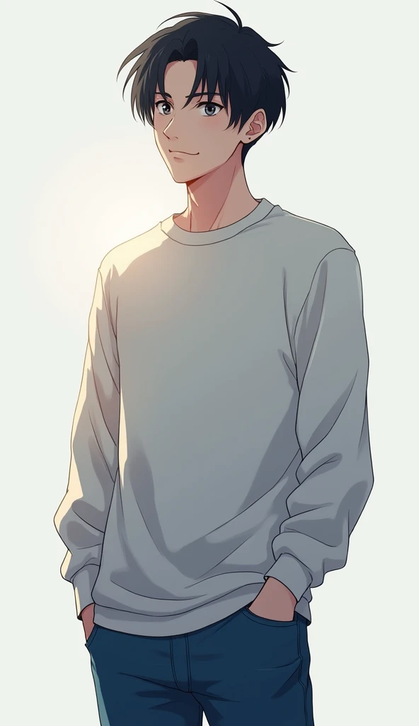 anime, guy, young adult, white sweater, blue jeans, quiet, serios, little smirk, tall, grey eyes, dark short hair up the ears, distant, serene