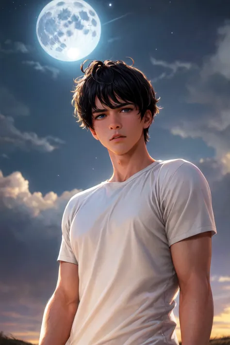 A handsome young man with black hair and blue eyes, wearing a white t-shirt, standing in a field with a starry night sky, full moon, and clouds,(best quality,4k,8k,highres,masterpiece:1.2),ultra-detailed,(realistic,photorealistic,photo-realistic:1.37),port...