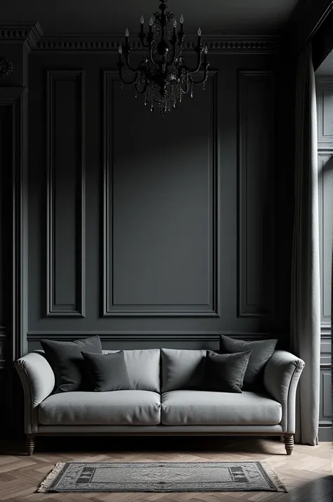 A living room with dark charcoal gray walls featuring black boiserie. In front of the wall stands a sleek gray sofa, perfectly complementing the gothic-inspired decor. The room has an elegant and mysterious atmosphere, featuring dark wooden furniture, blac...