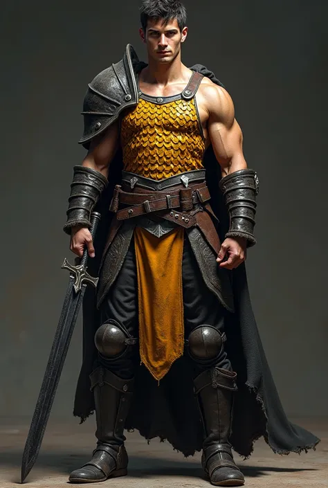 A young tanned man, black short hair, wearing a bright scaled mail armor, wearing an old black leather on legs, holding a black dark sword.