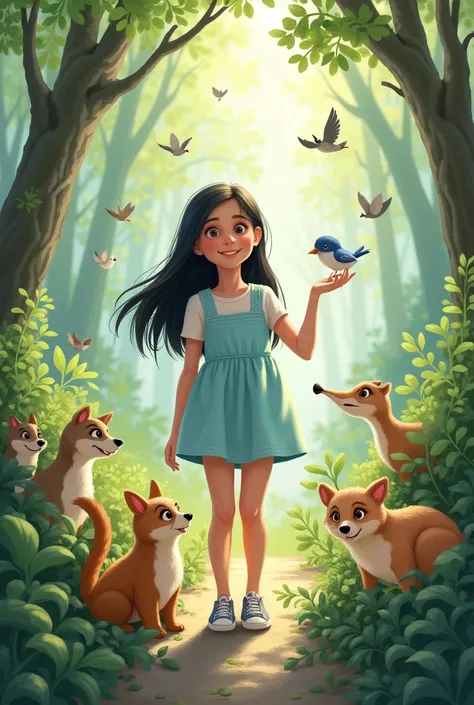 He is . He has long dark hair, bright eyes and a sweet smile. Wear a light blue dress and comfortable shoes to explore. It&#39;s curious, brave and kind. He loves to protect animals. Background with animals

