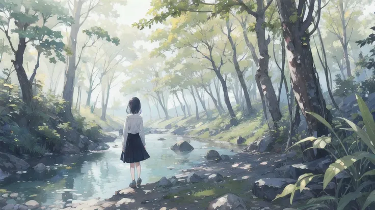 In the soft light of a calm morning or evening、Picture a girl standing by a river in the woods.。The girl is standing with her back to、Im wearing a long skirt。The river is dotted with rocks of all sizes.、Clear water flows slowly。Lush trees in the background...