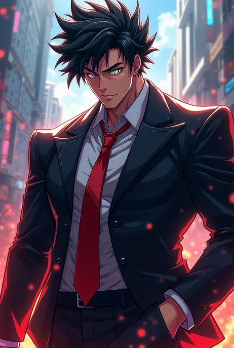 A man with black hair that spikes upwards, rainbow eyes, chunky, wearing a black suit with a red tie. anime art style.