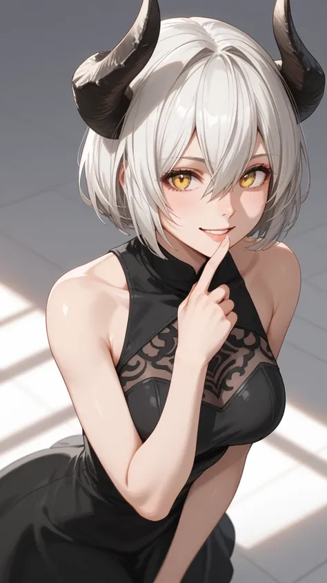 score_9, score_8_above, score_7_above, 1 girl, alone, Has ram horns。Golden Eyes。Sleeveless black dress。Nihilistic smile。yorha no. 2 Type B,  