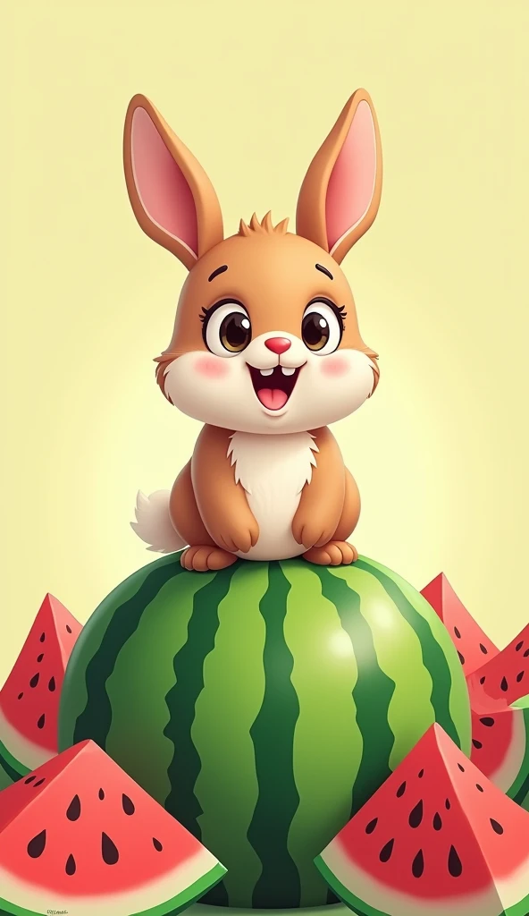 A little rabbit sitting in a watermelon，Green cartoon with open mouth. This watermelon is surrounded by other watermelons. Practical