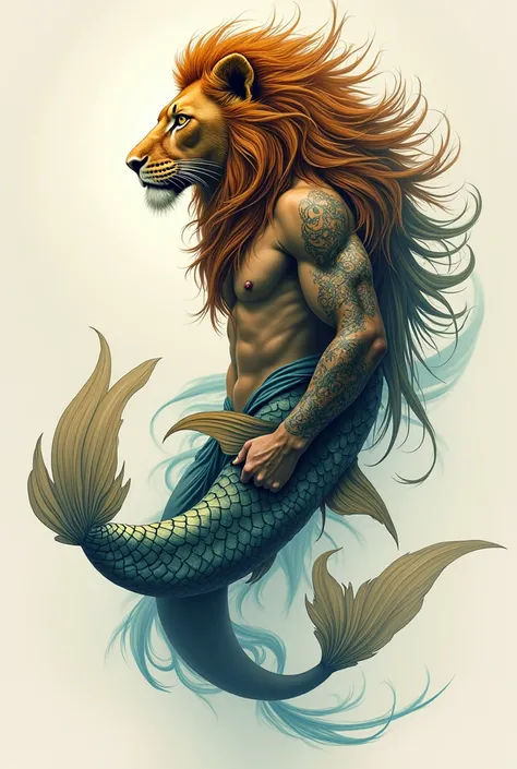 Drawing to make a tattoo of a lion&#39;s head with a flowing mane on the human body with fish tail