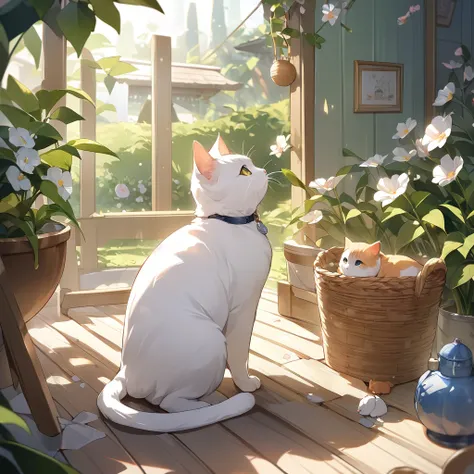 (Highest quality:1.2), (1cat、、Highest quality:1.2), Small animals，A cat in the garden