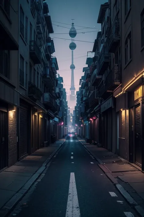 Create a low-angle view of a long, wide street at night, very dark, close to the ground, no cars, no clouds. In the distance, a powerful purple and mauve light illuminates the sky. An intense, mysterious atmosphere pervades the scene. In the foreground, a ...