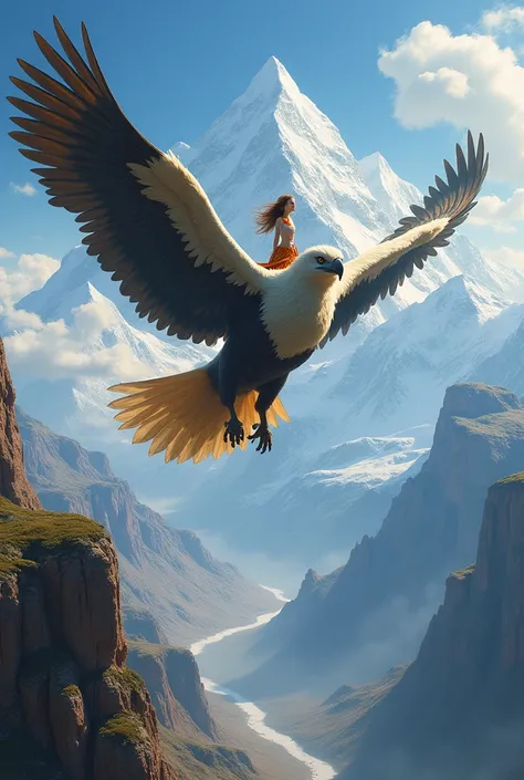 A giant bird flying above the mountain with a girl