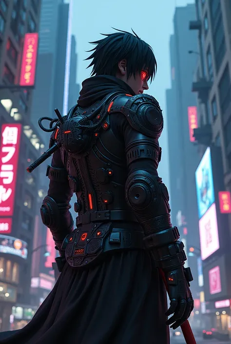 Itachi Uchiha in a cyberpunk version would be a dark vigilante, with high-tech armor, full of neon lights and cyber gadgets
