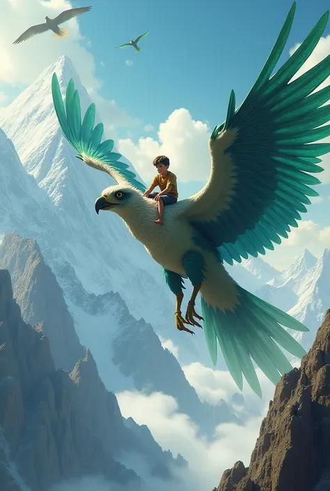 A giant bird flying above the mountain with a boy