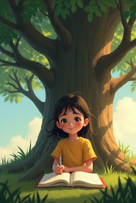  Young girl Mira smiling as she writes in a journal under the same tree.
**Text:**  
The owl nodded. "That is self-reflection," he said. "Its not just about seeing who you are, but understanding why you are that way."