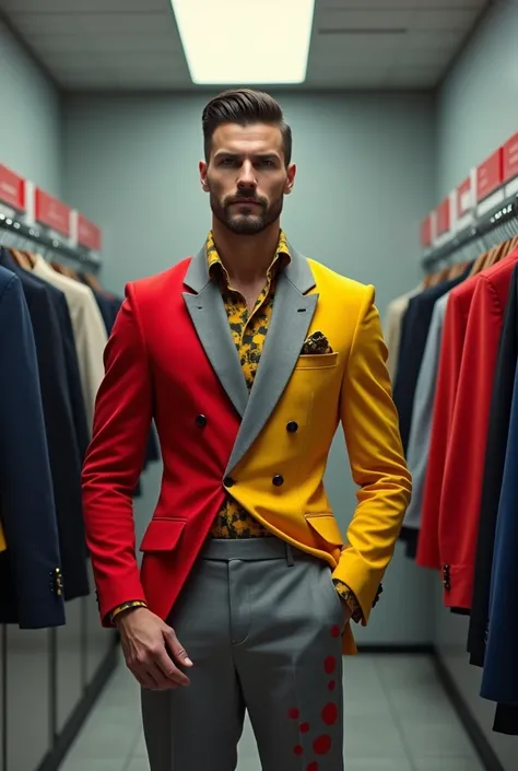 a handsome man with short hair and a beard. He wears a half red and half gray suit with yellow sleeves and gray pants with red and yellow spots.
Its inside a dry cleaners.