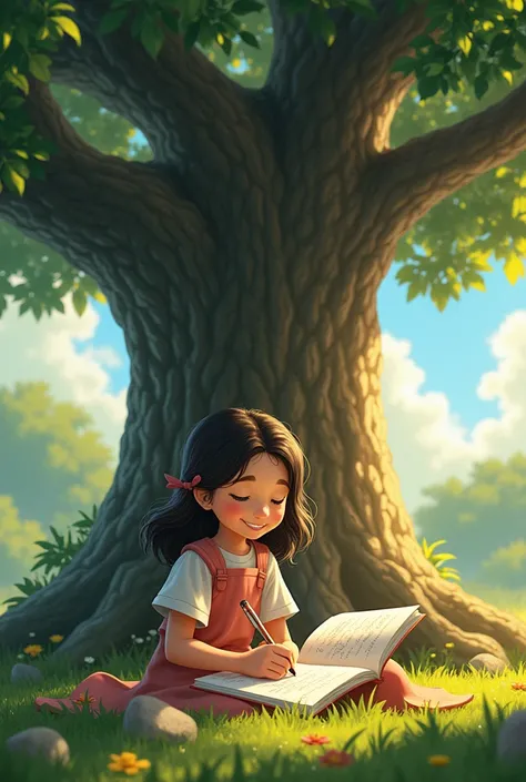  Young girl Mira smiling as she writes in a journal under the same tree.
**Text:**  
The owl nodded. "That is self-reflection," he said. "Its not just about seeing who you are, but understanding why you are that way."