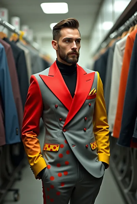 a handsome man with short hair and a beard. He wears a half red and half gray suit with yellow sleeves and gray pants with red and yellow spots.
Its inside a dry cleaners.