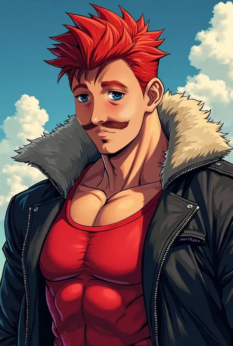 (anime painting style])beardless man, with blue eyes, blood red hair, displays an imposing presence. Her short hair contrasts with her firm and confident expression.. He wears a tight red tank top. over, wears a black leather jacket with a soft fur-lined c...