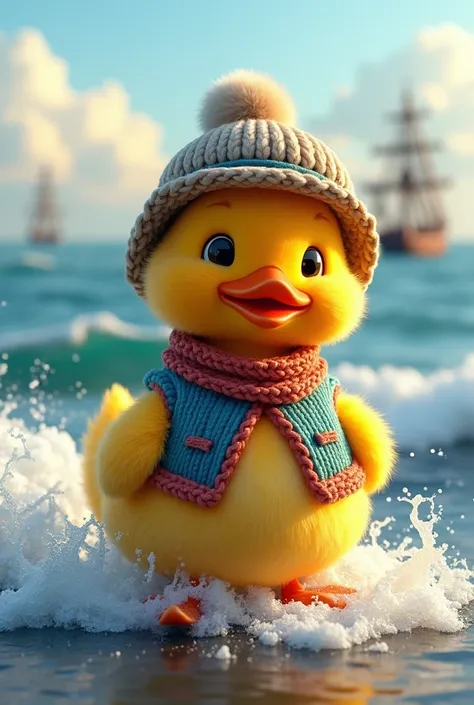 Create Cute 3D Smiling Duck with Fisherman Outfit and Sea Spray Background 