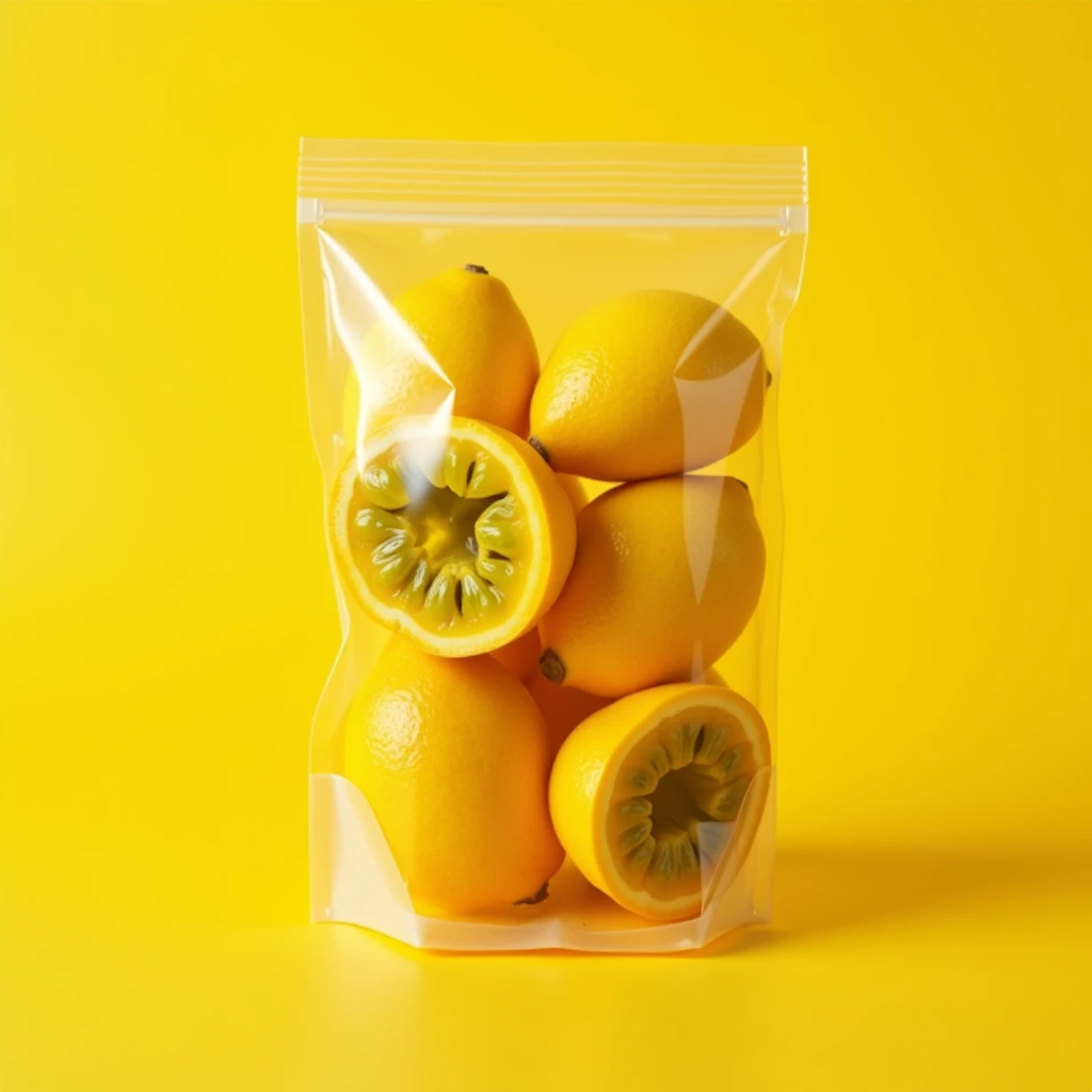 Yellow passion fruit pulp with seeds inside the packaging bag, YELLOW Background 