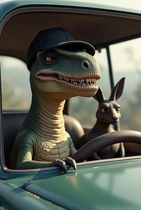 dinosaur sitting driving a car with black cap and black kangaroo, smiling