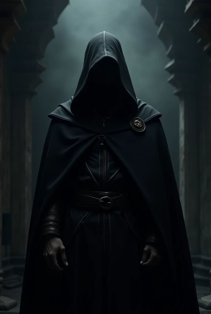 Create an image of a man dressed in all-black medieval clothing and with a black cap over his face, not showing his face.. Man in the dark