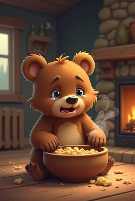 Create an image of a baby bear crying because his porridge was eaten and his bowl is empty 