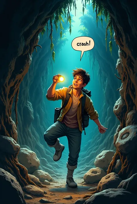 Description: As Chris walks through the cave, the ground beneath him breaks, and he falls down a tunnel as if it were a slide that seems to have no end. He grabs onto his flashlight as he screams in surprise. The tunnel is full of rocks and roots.

Text in...