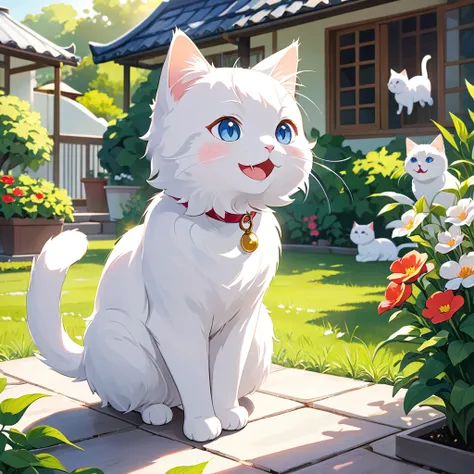 White cat  has recovered from an illness.、A scene that brought back energy。cat is active in the house and garden.、Enjoying a new adventure。Under the clear sunlight、cat playing happily、Please draw the expressions on her family&#39;s faces as they rejoice at...