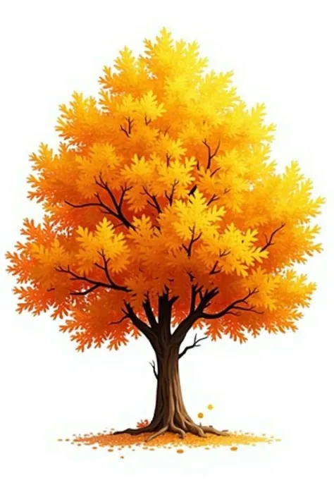 Image of an oak tree with its yellow and orange leaves, that this photo is taken from the front , that the *tree trunk is small and thick* and the leaves and branches are lush. that the photo looks complete and does not cut the tree and that the tree has a...