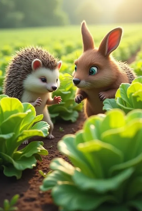 A hairy and spiteful hare And a kind and intelligent hedgehog In a lettuce field at a competition 
