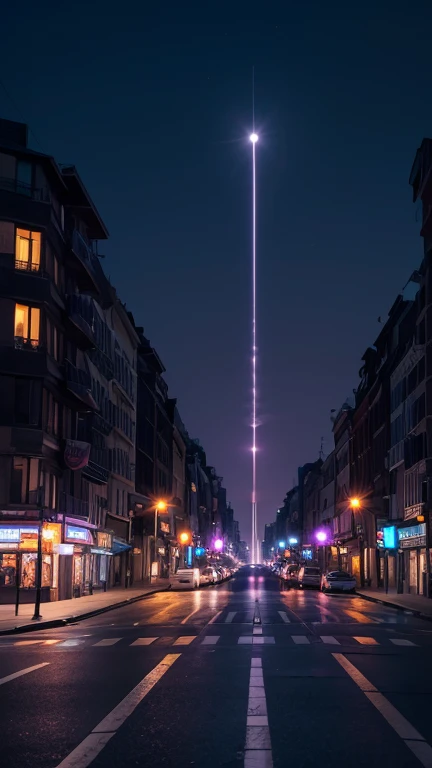 Create a low-angle view of a long, wide street at night, close to the ground, no cars, no clouds. In the distance, a powerful purple and mauve light illuminates the sky. An intense, mysterious atmosphere pervades the scene. In the foreground, a helicopter ...