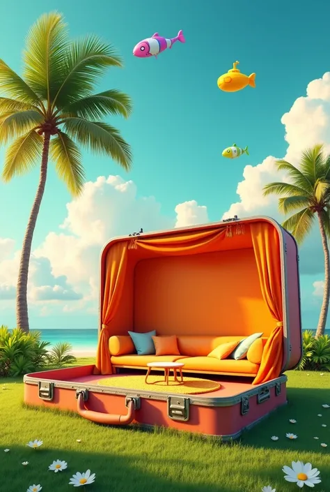 Create a vibrant, surreal scene that embodies a tropical retreat built within an oversized open suitcase. The scene is set against a bright sky with fluffy clouds. The suitcase, placed on lush green grass, is transformed into a cozy living space, complete ...