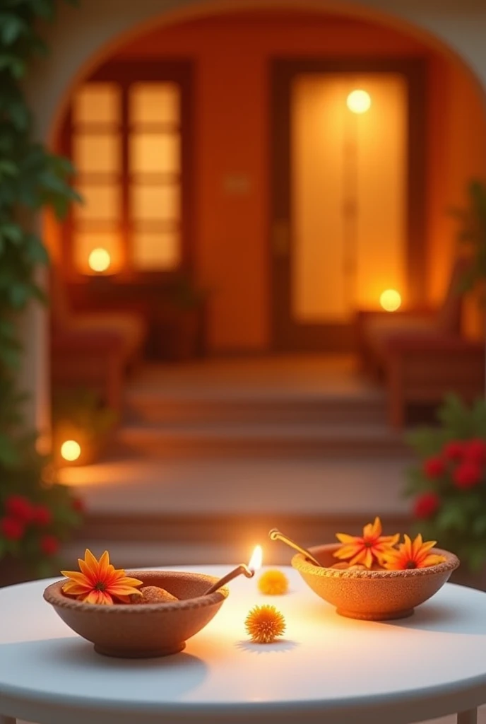 White table on the front with house diwali celebration background and Diwali candles on the table with orange flower, realistic photography 